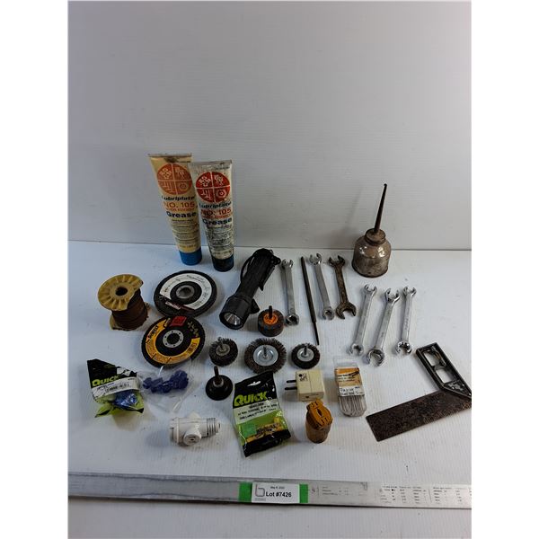Grease, Oil Can, Wrenches, Carpenters Square, Metal Wire, Drill Bits and Misc