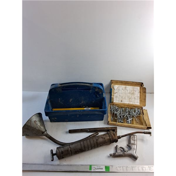 Fuel Funnel, Drill Bits, Cotter Pins, Grease Gun and Tool Caddy