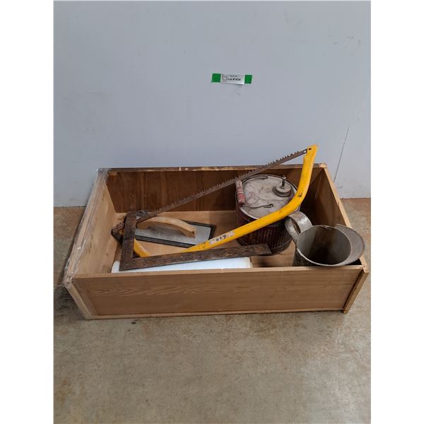 Plastic Wrapper, Wooden Box, Saw, Oil Can and Misc - Cannot Ship
