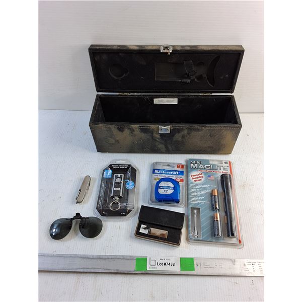 Tape Measure, Krypton Lamp, Key Chain with LED Light, Folding Knife, Sunglasses and Misc