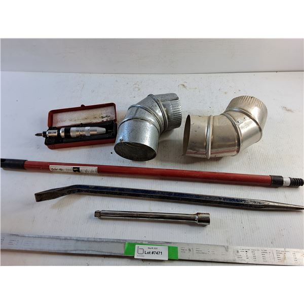 Crowbar, Metal Pipe Elbows, Gray Screwdriver and Misc