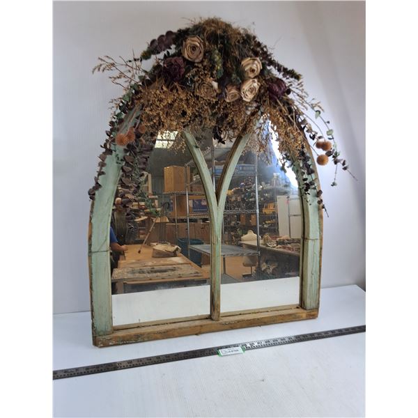 Vintage Wood Framed Mirror with Dried Flowers 35" x 29" - Cannot Ship