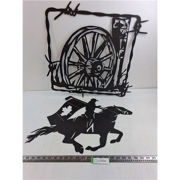 (2) Metal Wall Art (Wagon Wheel & Horseback Rider) - Largest 27" Dia - Pick Up Preferred