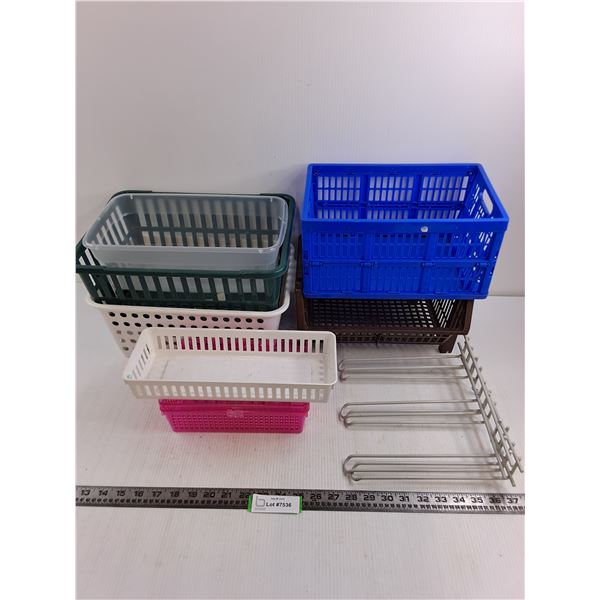 Assorted Plastic Bins, Baskets, Metal Product Shelves