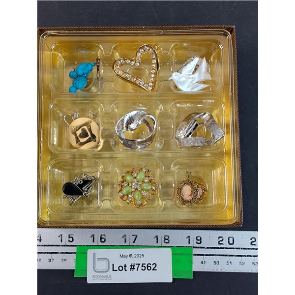 Jewelry Lot: Earrings, Brocches, Necklace Pendants iin Box
