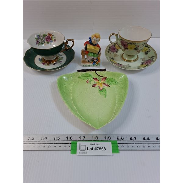 Lot: Carltonware Leaf Plate, (2) Teacup Sets & German Accordian Ceramic Figurine (Made in Japan)