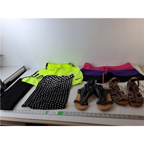 (2) Pairs of Womens Sandals-6/6.5, (2) Pairs of Shorts- Firefly-Unknown & Nike-Boy's XL, Misc.