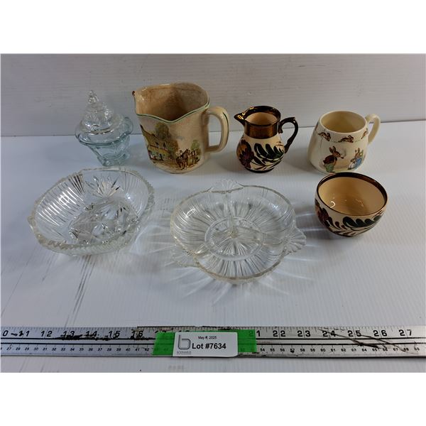 Ceramic Pitcher, Creamer, Candy Dish, Sugar Bowl and Divided Glass Dish
