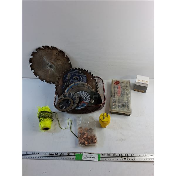 Circular Blades, Socket Set, Thread, Oil Filter, Copper Rings and Misc