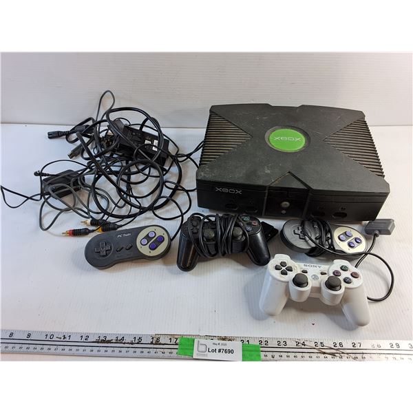 Xbox Console, Cords and Various Controllers - As Is