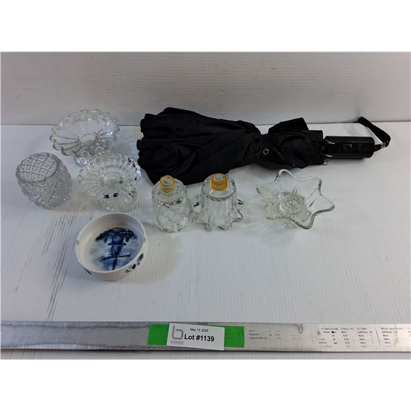 Umbrella, Candle Holders, Ash Tray and Perfume Bottles