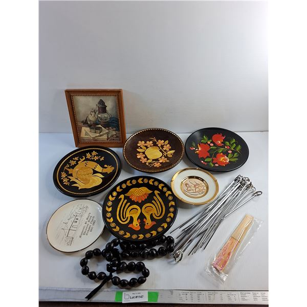 Framed Wall Art, Skewers, Decorative Plates, Hand Fan