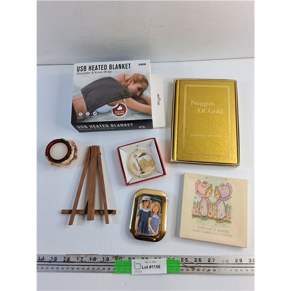 USB Heated Blanket, Nuggets of Gold Book, Photo Frame, Candle Holder and Misc
