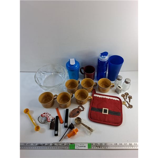 Glass Bowl, Coffee Cups, Water Bottle, Sink Strainer, Salt & Pepper Shakers, Keys and Misc