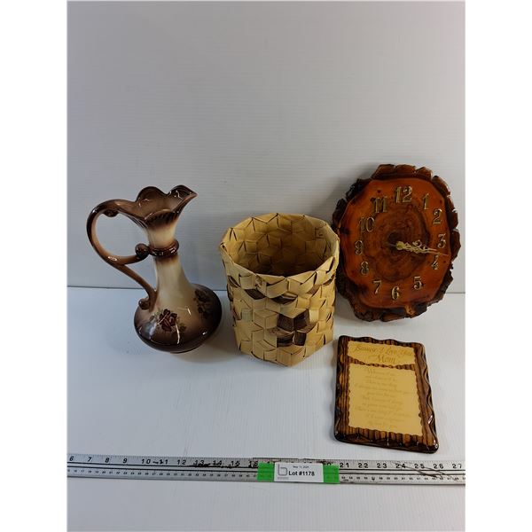 Wicker Basket, Decorative Pitcher, Wall Clock and Wall Decor