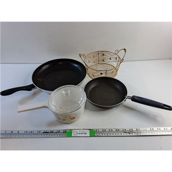 Frying Pans, Wired Basket and Lidded Corning Ware Dish