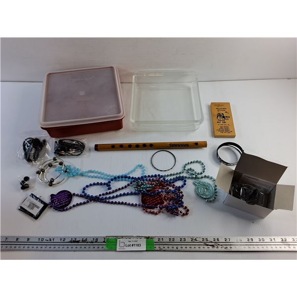 Tupperware Container, Bracelets, Necklaces, Flute, Headphones and Misc