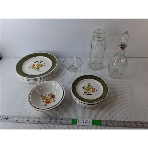 Glass Decanter, (12) Plates, (3) Bowls, Sugar Bowl, Canister