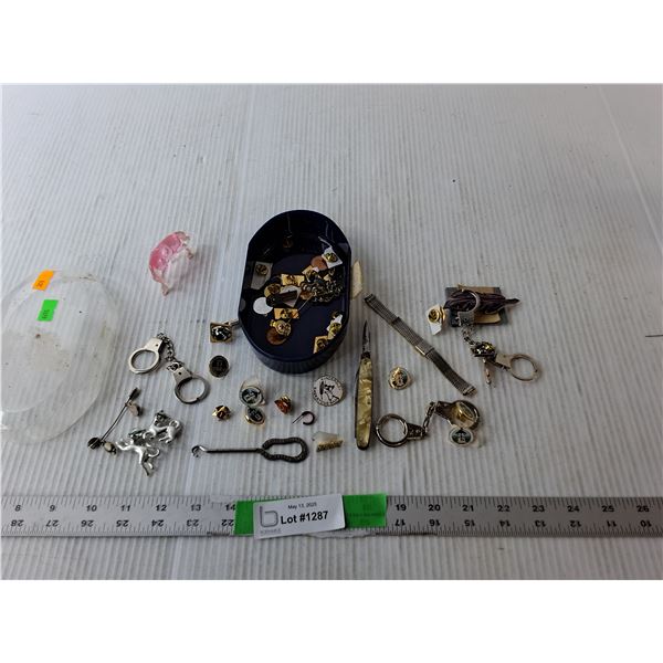 Jewelry Lot- Pins, Horse Figurine, Pocket Knife,Misc.
