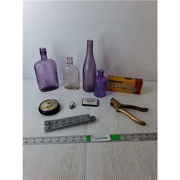 Viintage Lot- Setting Pliers, (4) Glass Bottles, Milk of Magnesia Tablets, Misc.