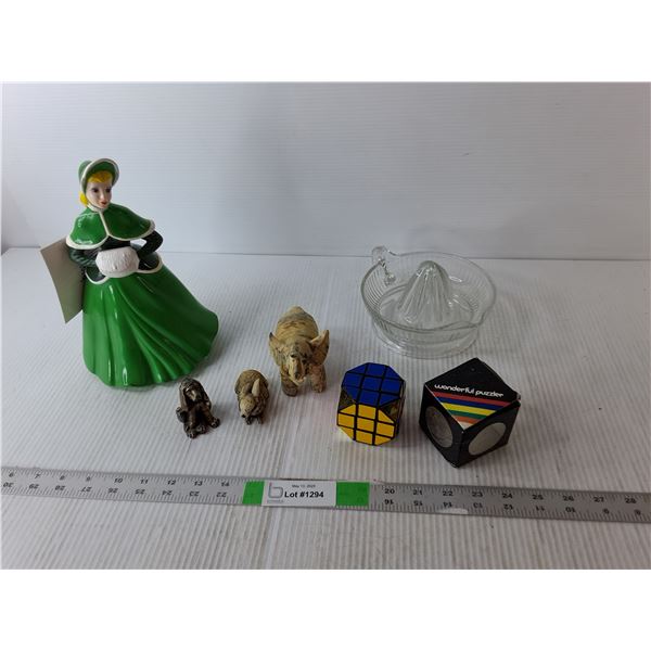 Rubics Cube, Ceramic Woman Figurine 10" Tall, Resin/Metal Animal Figurines, Misc.