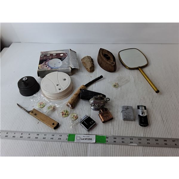 Vintage Lot- Mirror, (5) Lighters, Kidde Smoke Alarm-Untested, Misc.