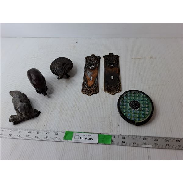 Vintage Lot- Door Plates, (3) Animal Figurines, Misc.