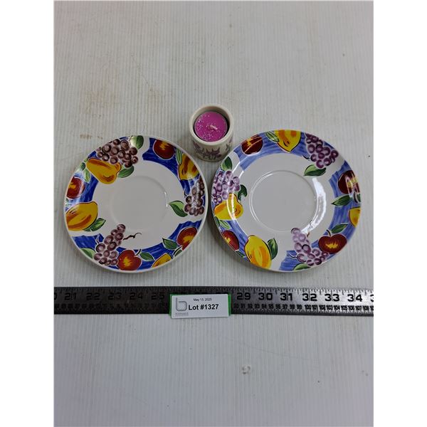 (2) Ceramic Saucers & Candle Holder