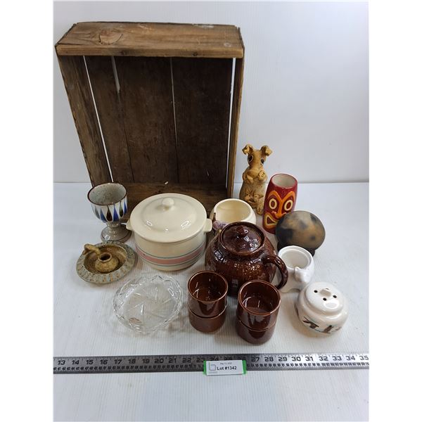 Wooden Crate, Assorted Ceramics, Glassware
