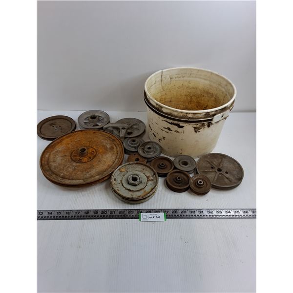 Vintage Metal Pulleys Lot with Plastic Bin
