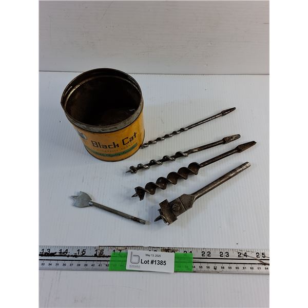 Various Drill Bits and Vintage Black Cat Tobacco Tin