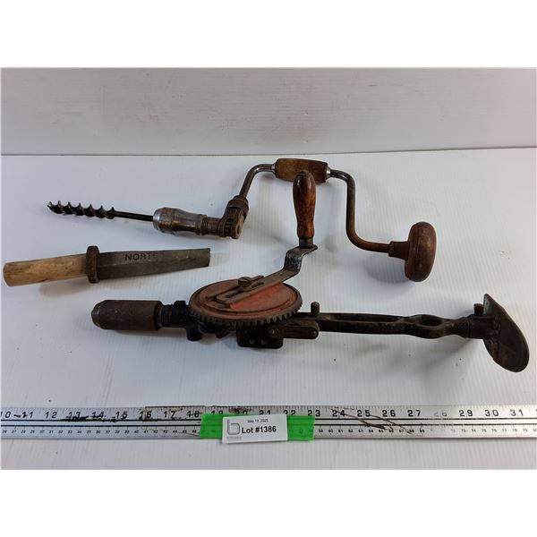 (2) Vintage Hand Drills and Sharpening Tool