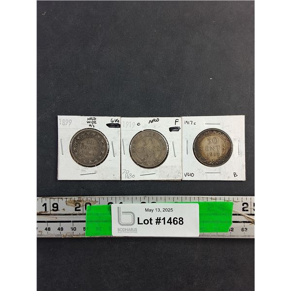 Antique 1899, 1917 and 1919 Newfoundland 50 Cents Coins