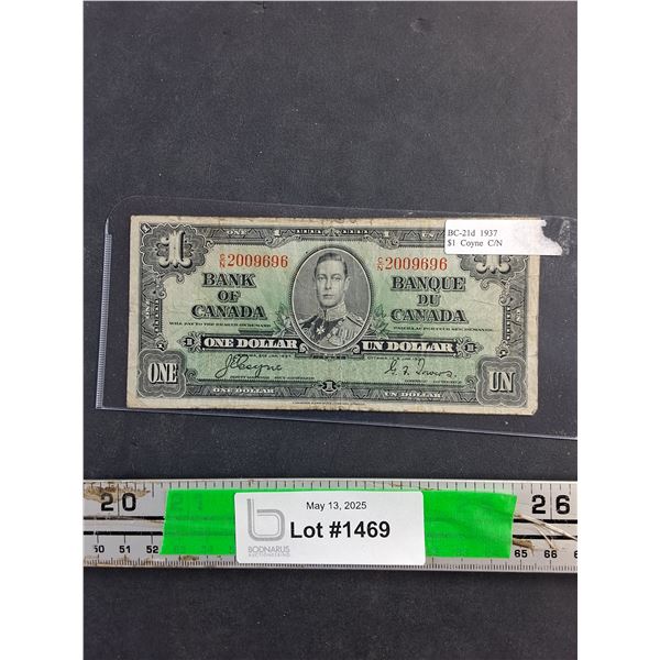 Vintage 1937 1 Canadian Dollar Banknote