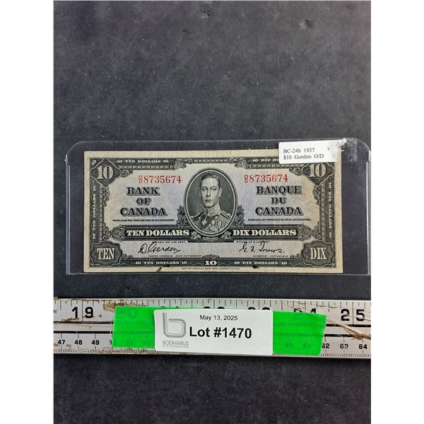 Antique 1937 Canadian 10 Dollar Banknote