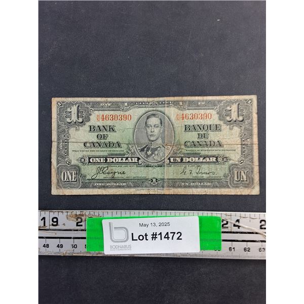 Antique 1937 Canadian 1 Dollar Banknote