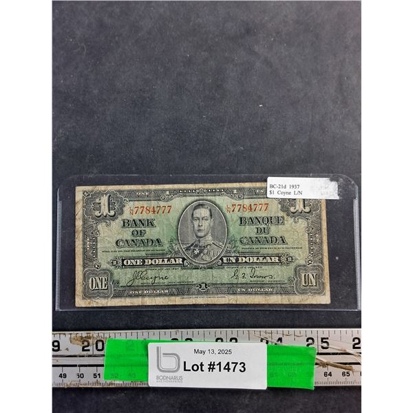 Antique 1937 Canadian 1 Dollar Banknote