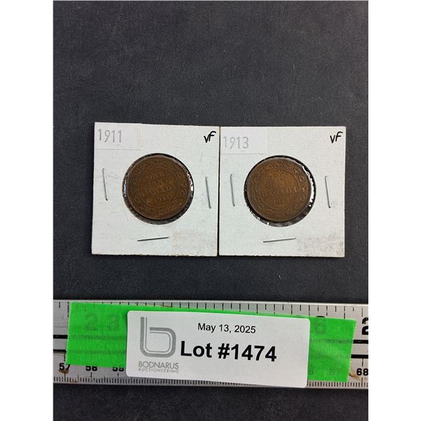 Antique 1911 and 1913 Canadian 1 Cent Coins