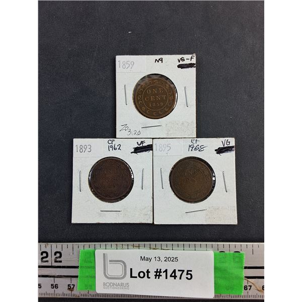 1859, 1893 and 1895 Canadian 1 Cent Coins