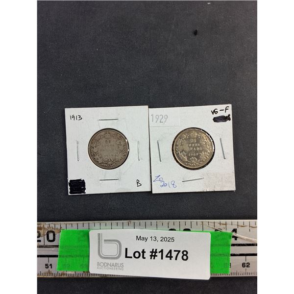 1913 and 1929 Canadian 25 Cent Coins