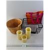 Image 1 : Small Wood basket, Metal Basket and 3 Candles
