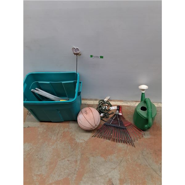 **Plastic Rubbermaid Tote w/ Various Items, Watering Can, Basketball,  Misc,