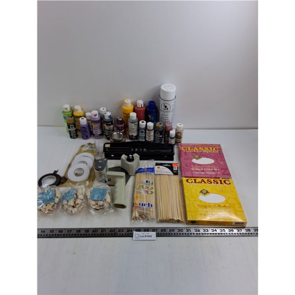 Assorted Partials of Acrylic Paint, Craft Supplies, 3-Hole Punch, Tape Gun - Cannot Ship