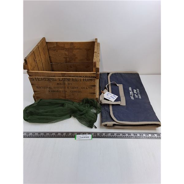 Vintage Wooden Crate 12" x 14" x 11", Fishing Jigs Pouch, Mesh Bag