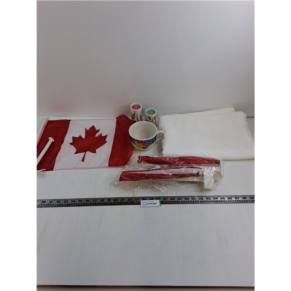 (3) Car Mount Canadian Flags, 80" x 60" Table Cloth, Large Mug, Candles