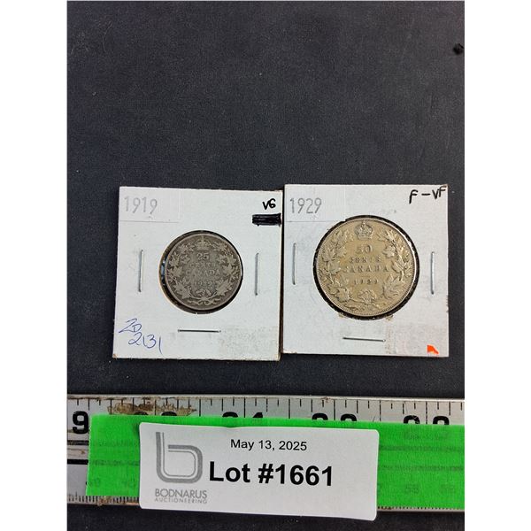 1919 and 1929 Canadian 25 and 50 Cents Coins