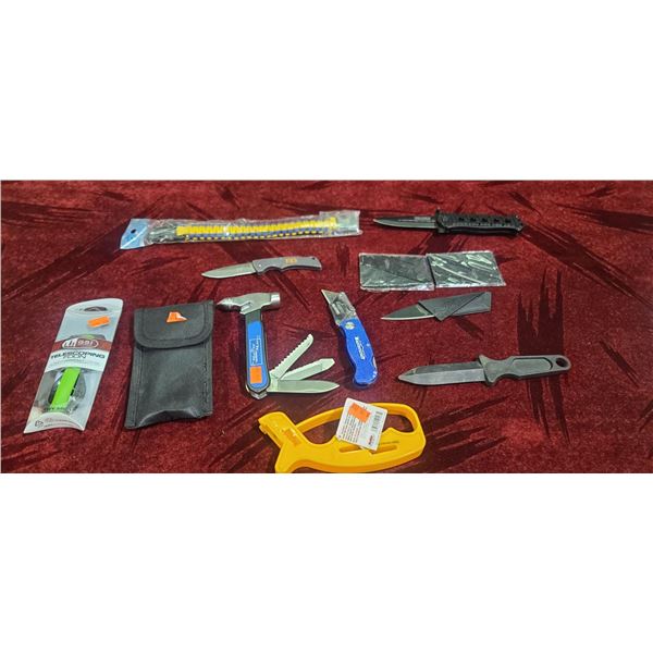 IAN SINCLAIR FOLDING POCKET WALLET KNIVES (QTY3) , BEAR GRILLS GERBER, MULTI TOOL, SMITHS SHARPENER 