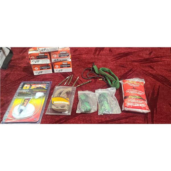 BORE SNAKES MOSTLY .22CAL, OTIS 9MM-.45 CAL PISOL CLEANNING KIT, HOPPES .22 SNAKES AND PATCHES