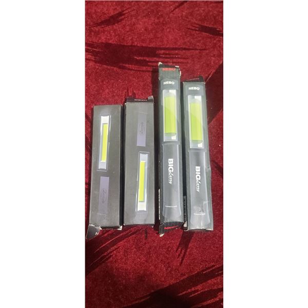 FOUR NEBO LARRY LED LIGHT: TWO MED AND TWO BIG - ALL NEW