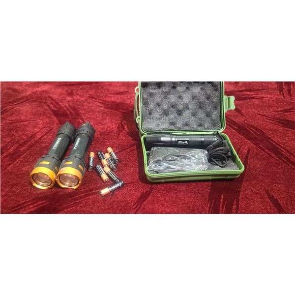 TWO DURACEL 550 LUMEN LED FLASH LIGHTS AND ONE ULTRA FIRE LED LIGHT